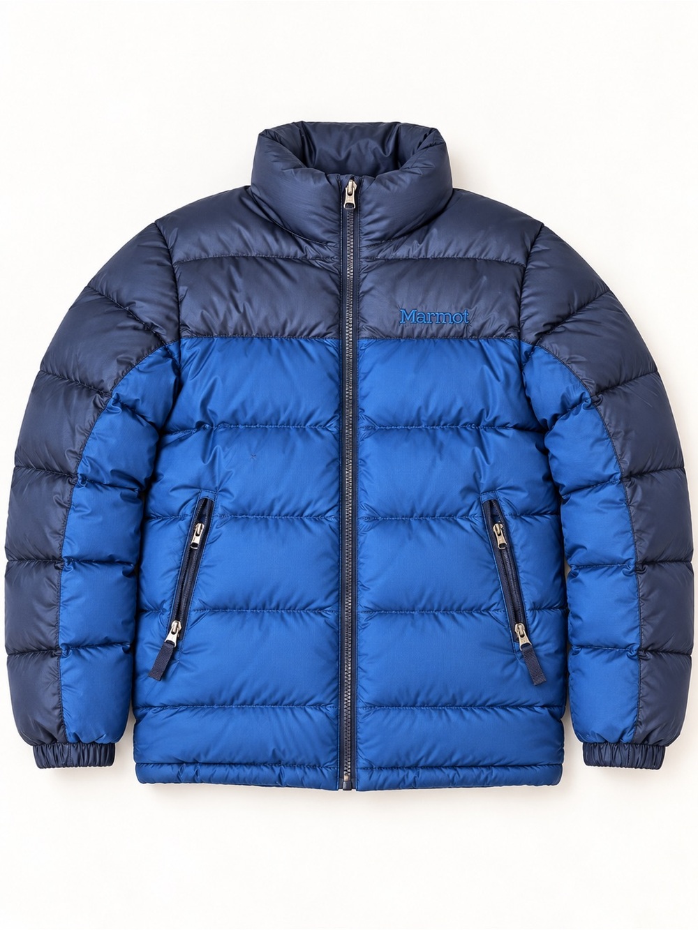 Marmot Kids Small 650 Fill Down Puffer Jacket Blue Navy Hooded Colorblock